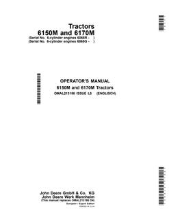 John Deere 6150M, 6170M Tractor Operator's manual OMAL213186 — actual manual cover