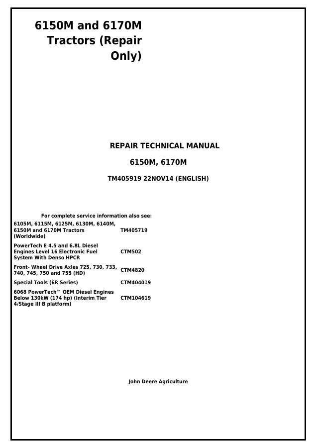 John Deere 6150M, 6170M Tractor Repair technical manual TM405919 — actual manual cover
