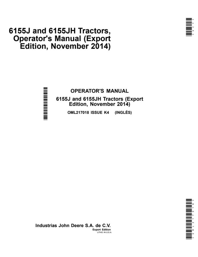 John Deere 6155J; 6155JH Tractor Operator manual OML217018 — actual manual cover