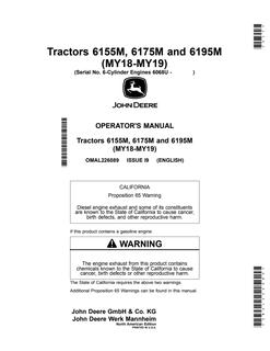 John Deere 6155M; 6175M; 6195M (MY18–MY19) Tractor Operator manual OMAL226089 — actual manual cover