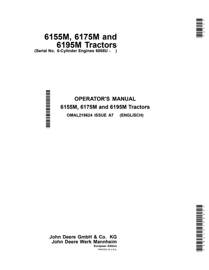 John Deere 6155M; 6175M; 6195M Tractor Operator manual OMAL219624 — actual manual cover