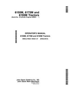 John Deere 6155M; 6175M; 6195M Tractor Operator manual OMAL219624 — actual manual cover