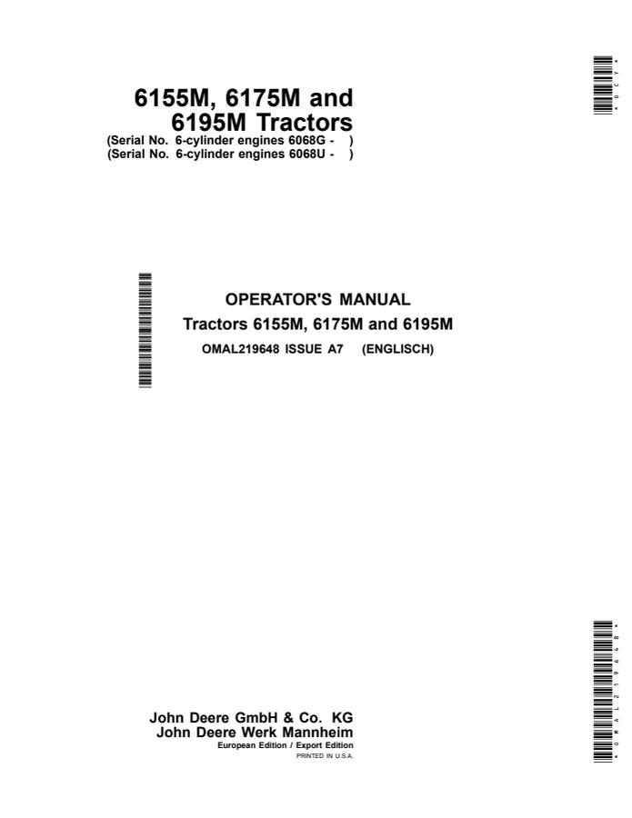 John Deere 6155M; 6175M; 6195M Tractor Operator manual OMAL219648 — actual manual cover