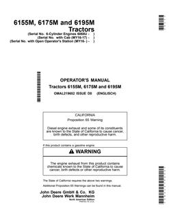 John Deere 6155M; 6175M; 6195M Tractor Operator manual OMAL219652 — actual manual cover