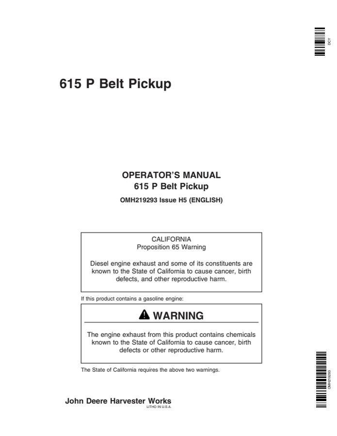 John Deere 615P Belt pickup Operator manual OMH219293 — actual manual cover