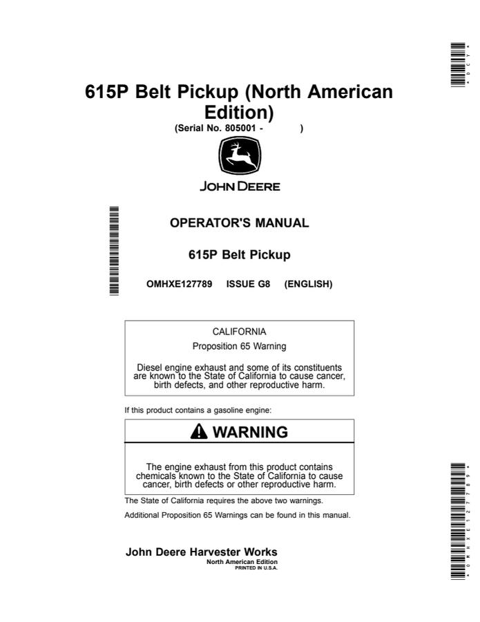 John Deere 615P Belt pickup Operator manual OMHXE127789 — actual manual cover