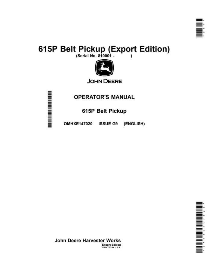 John Deere 615P Belt pickup Operator manual OMHXE147020 — actual manual cover