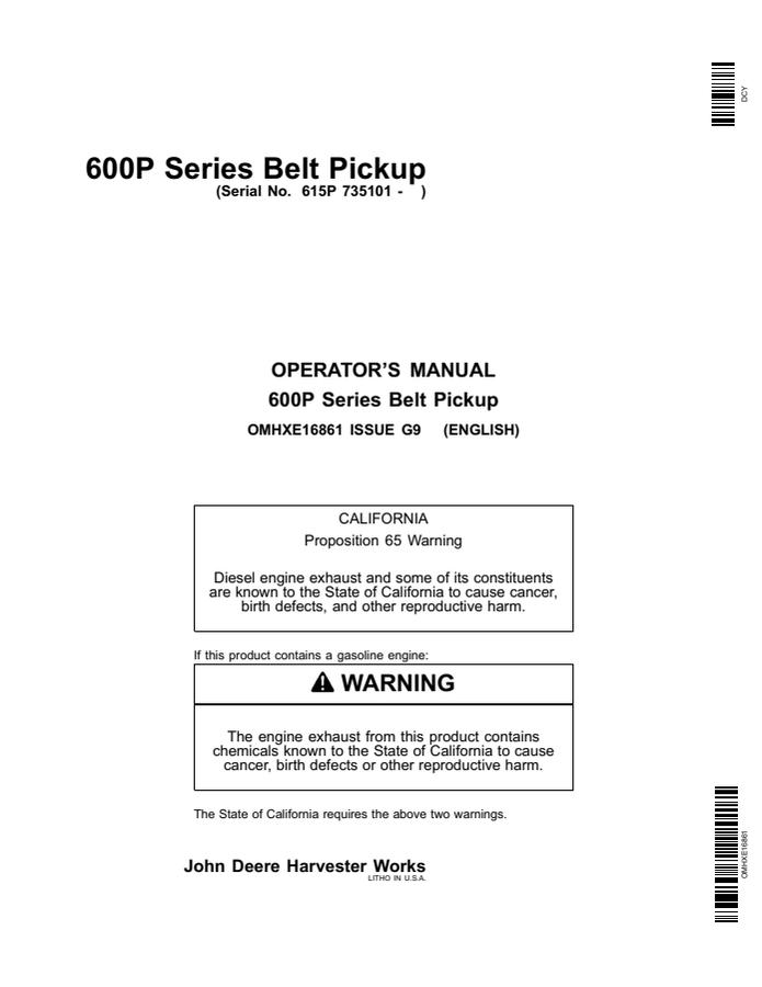 John Deere 615P Belt pickup Operator manual OMHXE16861 — actual manual cover