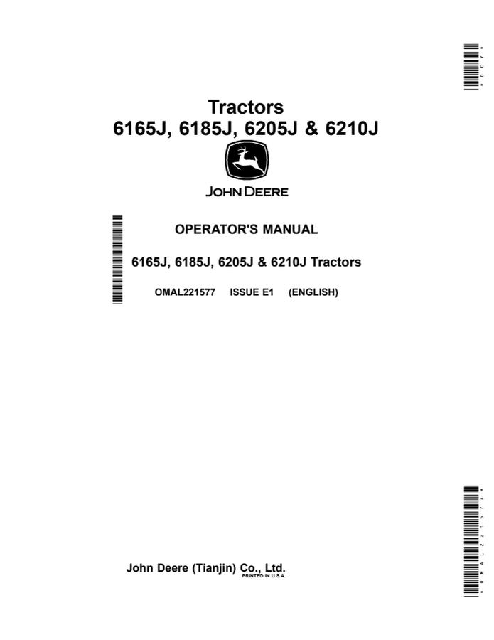 John Deere 6165J, 6185J, 6205J, 6210J Tractor Operator manual OMAL221577 — actual manual cover