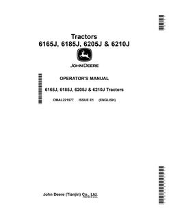 John Deere 6165J, 6185J, 6205J, 6210J Tractor Operator manual OMAL221577 — actual manual cover