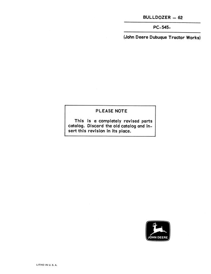 John Deere 62 Bulldozer Parts catalog PC545 — actual manual cover