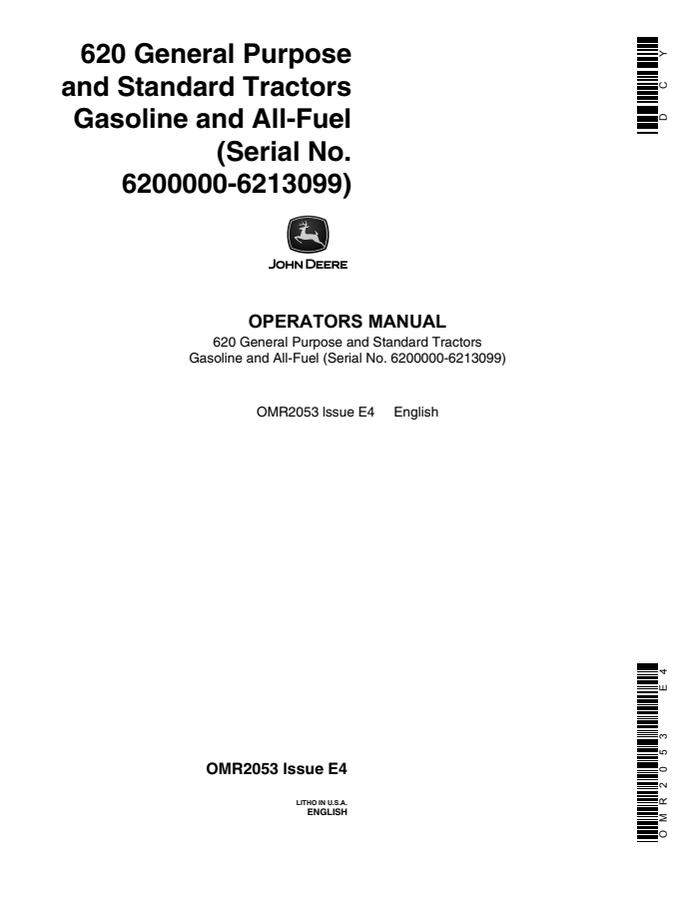 John Deere 620 General Purpose; 620 Standard Tractor Operator manual OMR2053 — actual manual cover
