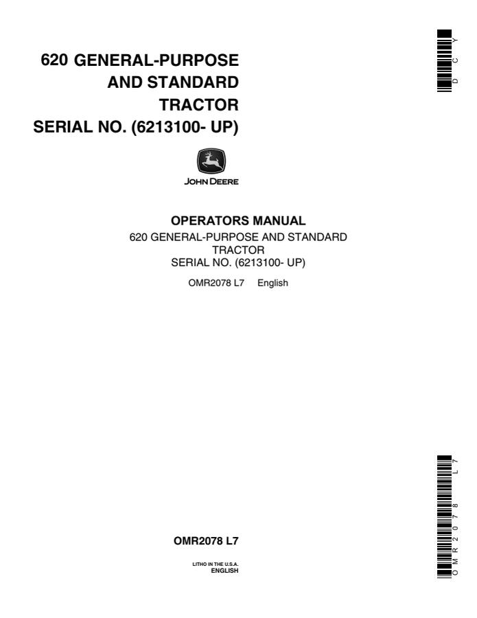 John Deere 620 General-Purpose and Standard Agricultural tractor Operator's manual OMR2078 — actual manual cover