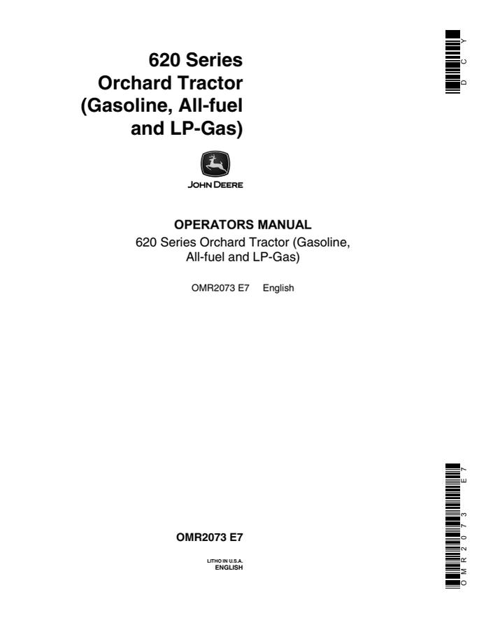 John Deere 620 Series Orchard Orchard tractor Operator manual OMR2073 — actual manual cover