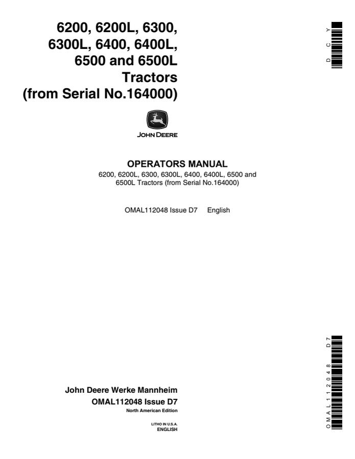 John Deere 6200; 6200L; 6300; 6300L; 6400; 6400L; 6500; 6500L Tractor Operator manual OMAL112048 — actual manual cover