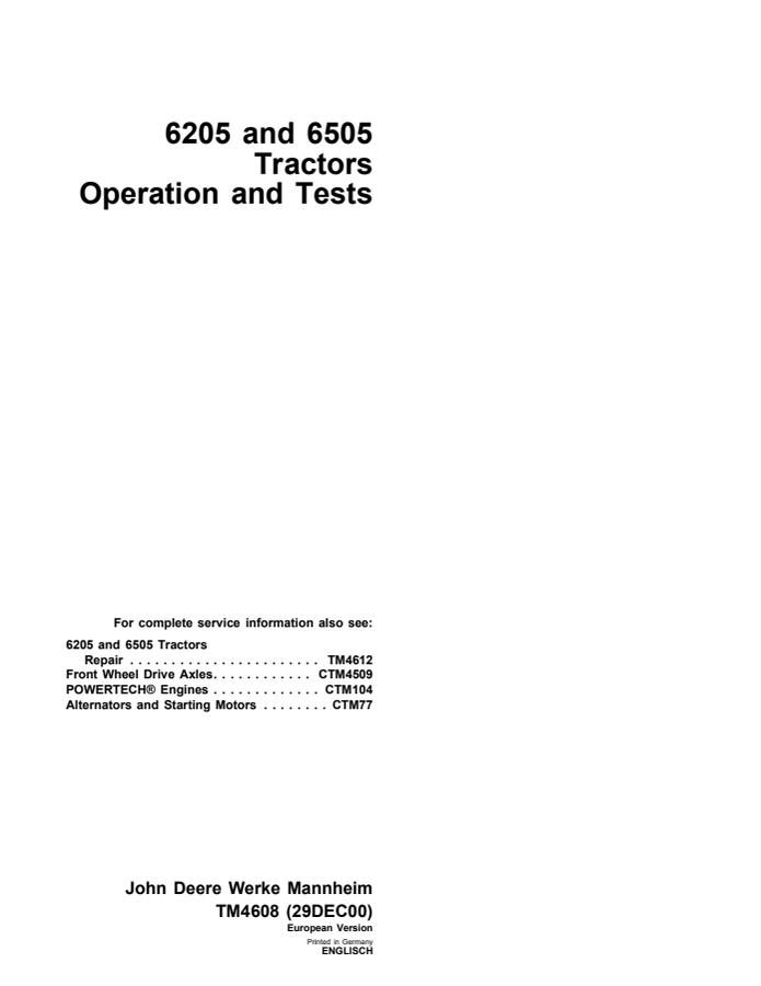 John Deere 6205, 6505 Tractor Operation and Tests Manual TM4608 — actual manual cover