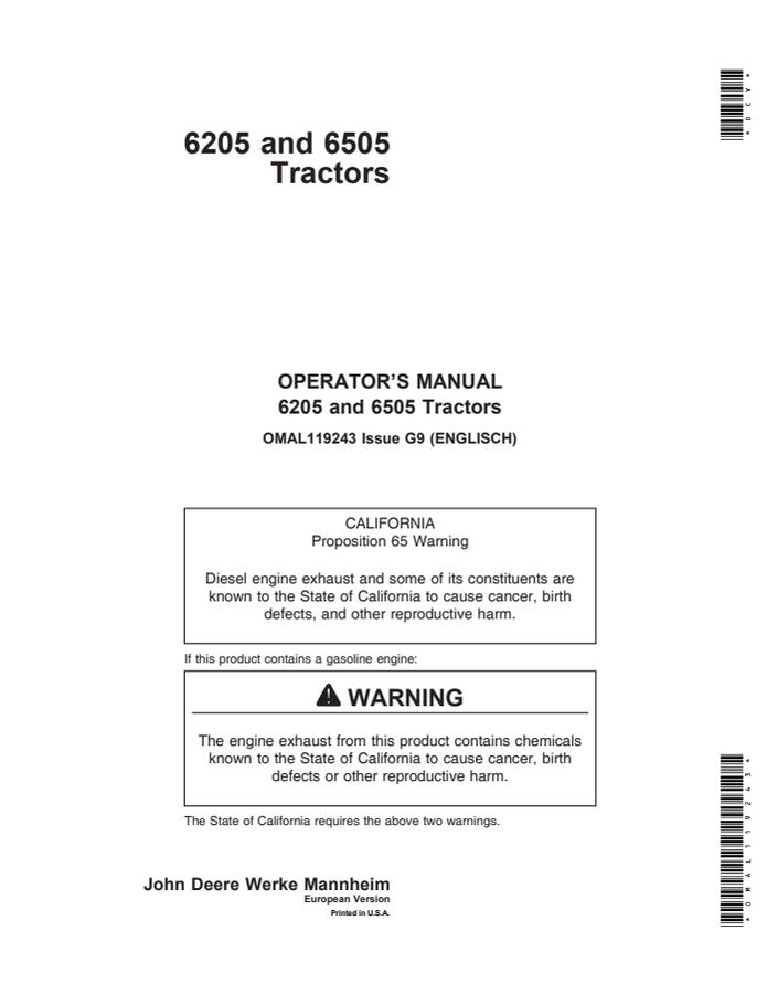 John Deere 6205; 6505 Tractor Operator manual OMAL119243 — actual manual cover