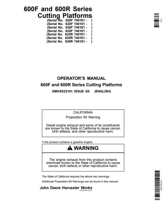 John Deere 620F, 625F, 630F, 635F, 622R, 625R, 630R Cutting platform Operator manual OMHXE23101 — actual manual cover
