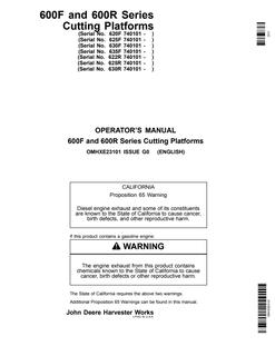 John Deere 620F, 625F, 630F, 635F, 622R, 625R, 630R Cutting platform Operator manual OMHXE23101 — actual manual cover