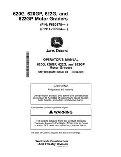 John Deere 620G; 620GP; 622G; 622GP Motor grader Operator manual OMT390947X19 — actual manual cover