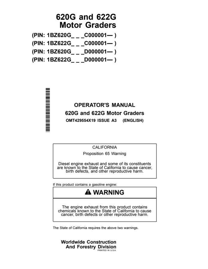 John Deere 620G; 622G Motor grader Operator manual OMT429554X19 — actual manual cover