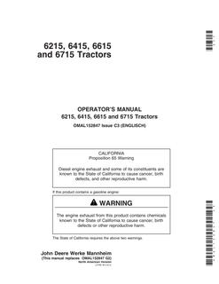 John Deere 6215; 6415; 6615; 6715 Tractor Operator manual OMAL152847 — actual manual cover
