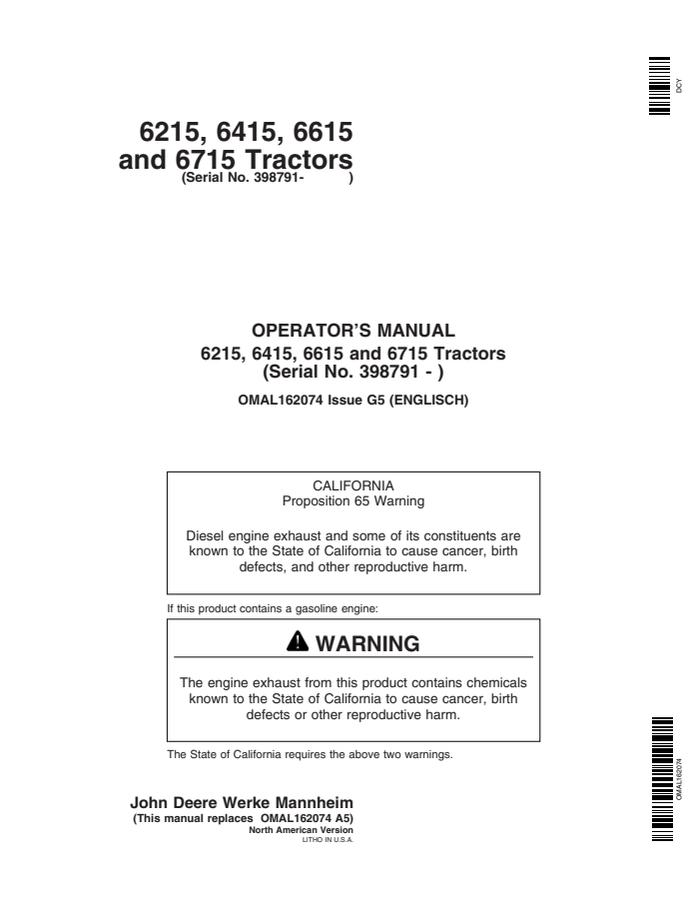 John Deere 6215; 6415; 6615; 6715 Tractor Operator manual OMAL162074 — actual manual cover