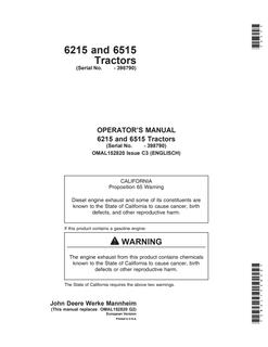 John Deere 6215; 6515 Tractor Operator manual OMAL152820 — actual manual cover