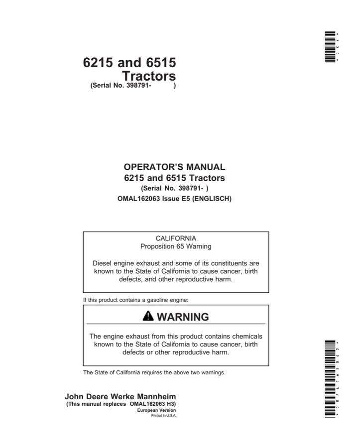 John Deere 6215; 6515 Tractor Operator manual OMAL162063 — actual manual cover
