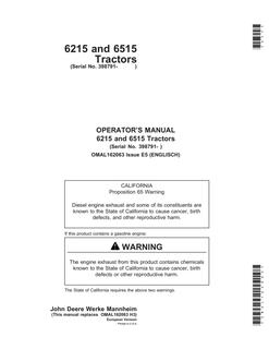 John Deere 6215; 6515 Tractor Operator manual OMAL162063 — actual manual cover