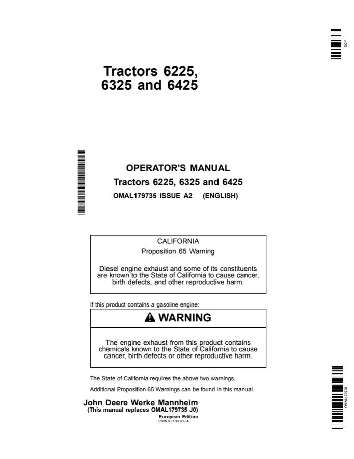 John Deere 6225; 6325; 6425 Tractor Operator manual OMAL179735 — actual manual cover