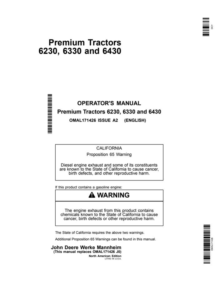 John Deere 6230, 6330, 6430 Premium Agricultural tractor Operator's manual OMAL171426 — actual manual cover
