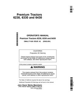 John Deere 6230, 6330, 6430 Premium Agricultural tractor Operator's manual OMAL171426 — actual manual cover