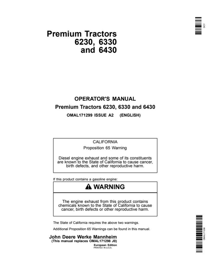 John Deere 6230; 6330; 6430 Premium Tractor Operator manual OMAL171299 — actual manual cover