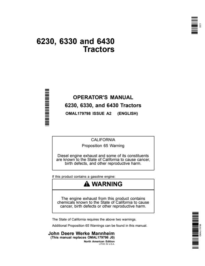 John Deere 6230; 6330; 6430 Tractor Operator manual OMAL179798 — actual manual cover