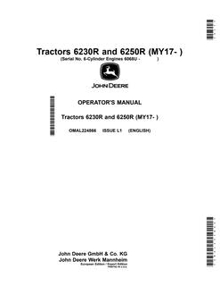John Deere 6230R; 6250R (MY17 and later) Tractor Operator manual OMAL224866 — actual manual cover
