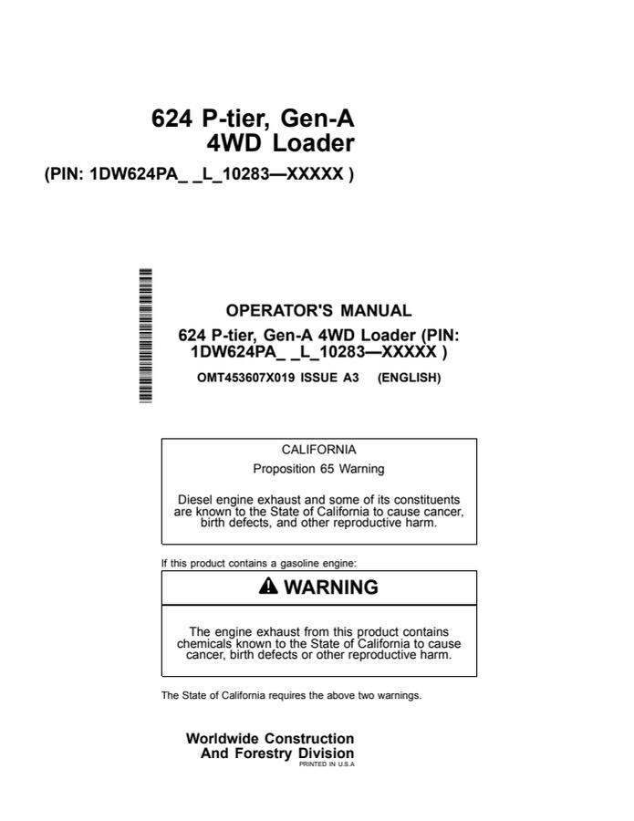 John Deere 624 P-tier Gen-A 4WD Loader Operator's Manual — actual manual cover