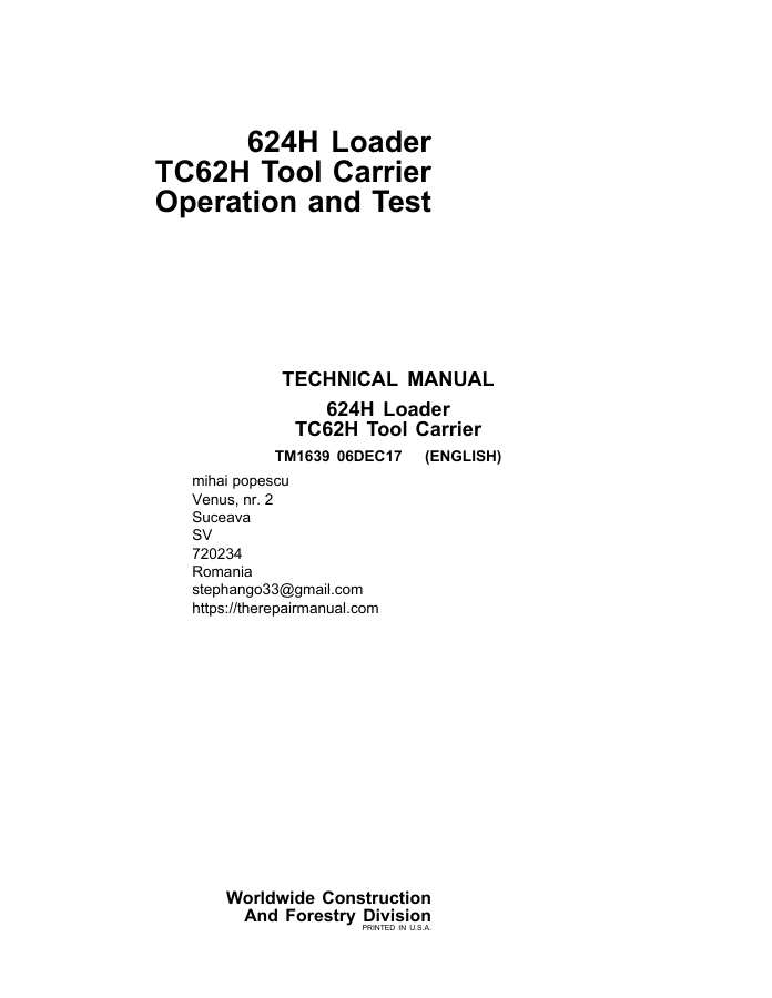 John Deere 624H, TC62H Loader and tool carrier Operation and test manual TM1639 — actual manual cover