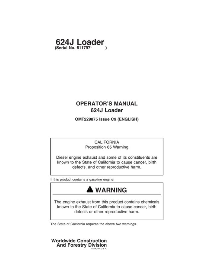 John Deere 624J Wheel loader Operator manual OMT229875 — actual manual cover