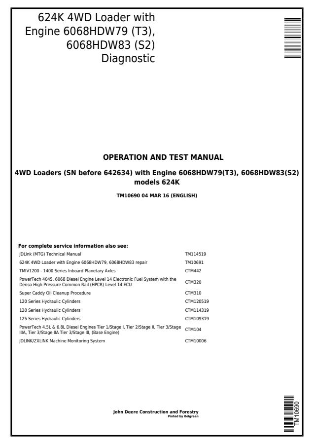 John Deere 624K 4WD Loader Diagnostic Operation and Test Manual TM10690 — actual manual cover