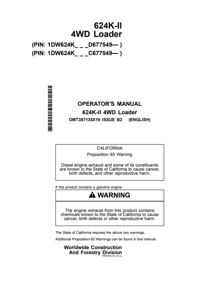 John Deere 624K-II Wheel loader Operator manual OMT387135X19 — actual manual cover