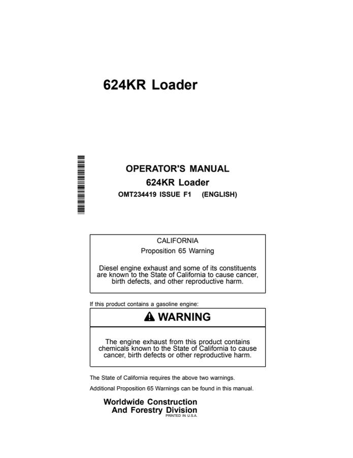 John Deere 624KR Wheel loader Operator manual OMT234419 — actual manual cover