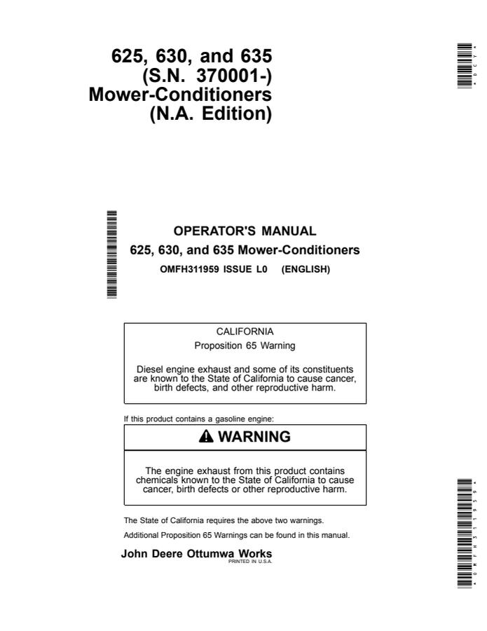 John Deere 625; 630; 635 Mower-conditioner Operator manual OMFH311959 — actual manual cover