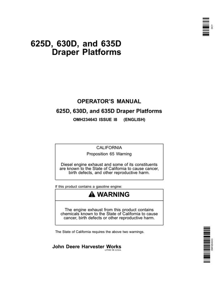 John Deere 625D; 630D; 635D Draper platform Operator manual OMH234643 — actual manual cover
