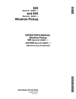 John Deere 630; 645 Windrow pickup Operator manual OMCC42124 — actual manual cover