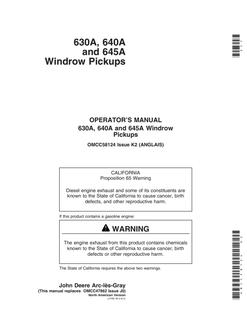 John Deere 630A; 640A; 645A Windrow pickup Operator manual OMCC58124 — actual manual cover
