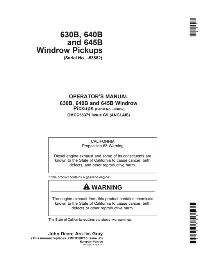 John Deere 630B; 640B; 645B Windrow pickup Operator manual OMCC58371 — actual manual cover