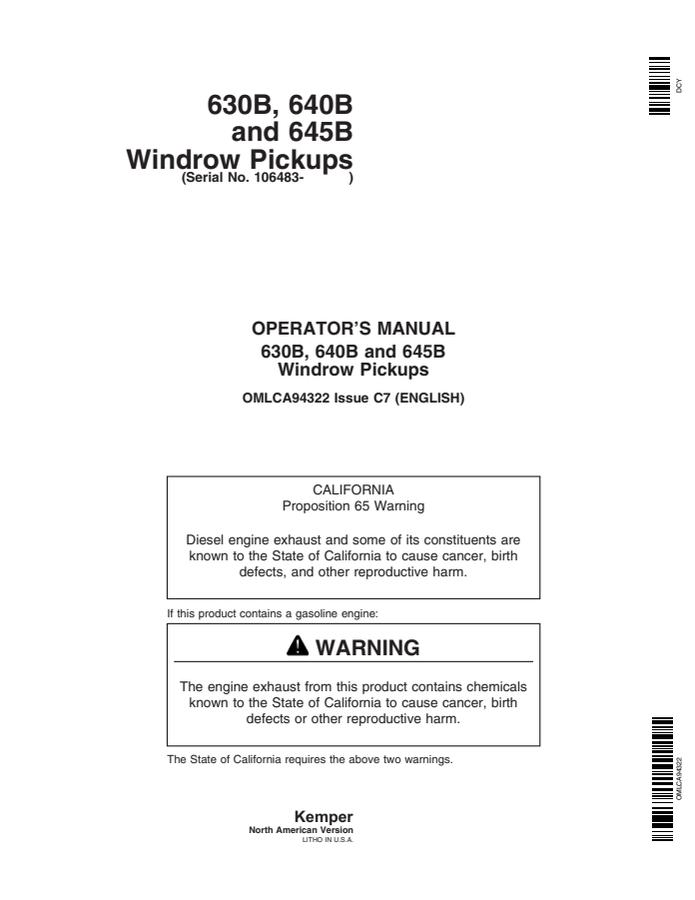 John Deere 630B; 640B; 645B Windrow pickup Operator manual OMLCA94322 — actual manual cover