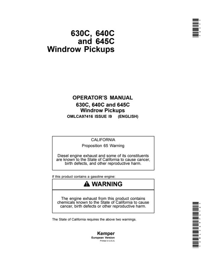 John Deere 630C; 640C; 645C Windrow pickup Operator manual OMLCA97416 — actual manual cover