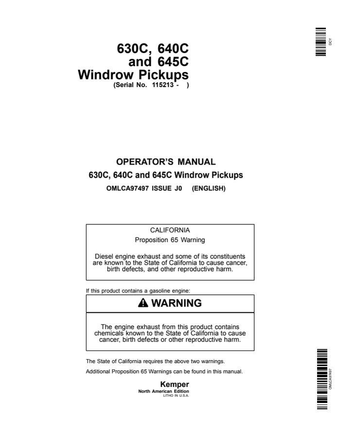 John Deere 630C; 640C; 645C Windrow pickup Operator manual OMLCA97497 — actual manual cover